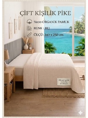Elif Nazlı Perde Çift Kişilik Pike - %100 Organik Pamuk - Dört Mevsim-Bej
