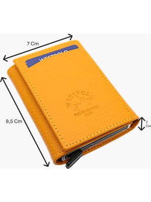 Westpolo Hakiki Deri Kağıt Para Bölmeli Unisex Mekanizmalı Cüzdan - Hardal