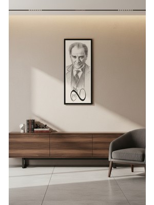 Atatürk Karakalem Portre Tablo | 60X25 cm Çerçeveli Siyah Çerçeve