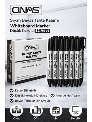 Marmara Qumasch Onas Siyah Beyaz Tahta Kalemi Whiteboard Marker Düşük Kokulu 12 Adet Kutu