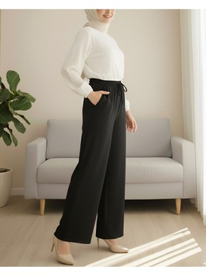 Modamorfo Beli Lastikli Bağcık Detaylı Cepli Bol Paça Tensel Pantolon -Siyah