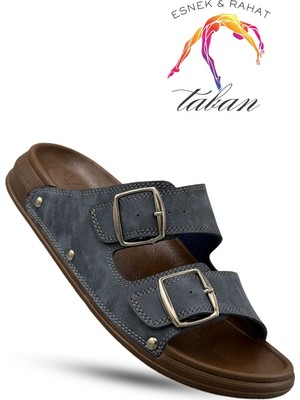 Sermoda Erkek Terlik - Çift Toka Ayarlanabilir Esnek Taban Deri Erkek Terlik  Lacivert