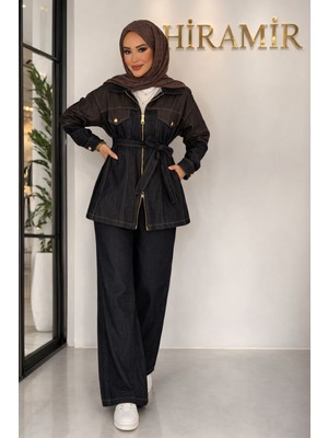 Hiramir Kadın Kot Takım Şık Kemer Detaylı Fermuarlı Ceket Pantolon YZZ2520