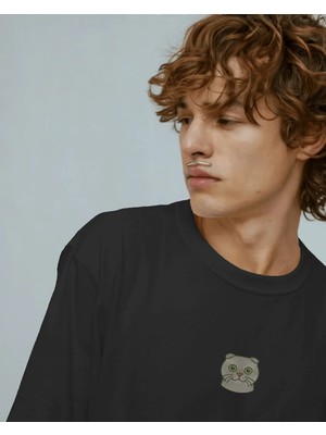 Muhtar Store Erkek Scottish Fold Kedi Baskılı Oversize Tişört – Minimal Kıvrık Kulaklı Kedi Tasarım