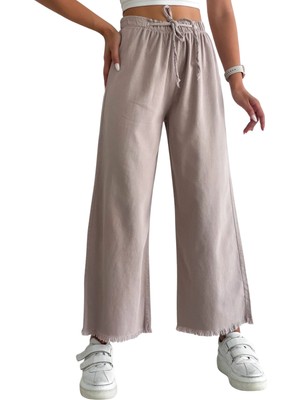 Dukkanıum Palazzo Pantolon Paçası Püsküllü -Bej