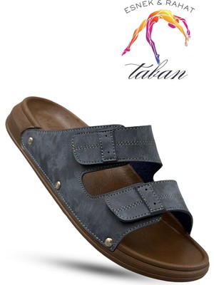 Sermoda Erkek Terlik - Çift Cırtlı Ayarlanabilir Esnek Taban Deri Erkek Terlik C Lacivert