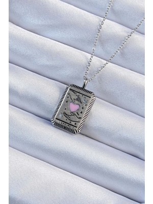 316L Çelik Zincir Eskitme Gümüş Renk Pembe Mineli Kalp Figürlü Tarot Kolye - Lisinya