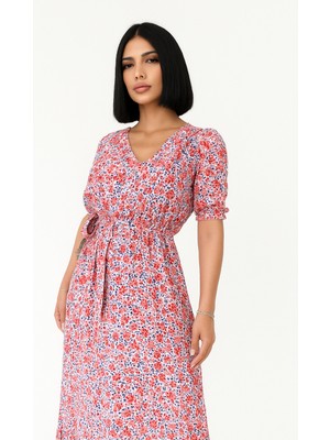 Stylmenplus Çiçek Desenli  Yırtmaçlı Elbise - Pembe