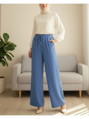 Modamorfo Beli Lastikli Bağcık Detaylı Cepli Bol Paça Tensel Pantolon -Indigo