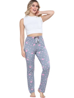 Dukkanıum Pijama Altı Modal  Ring Viskon Kumaş Kalp Desenli-Gri