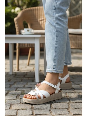 Enoch Kadın Işıltılı Şerit Detaylı Çift Renk Tabanlı Konforlu Beyaz Sandalet
