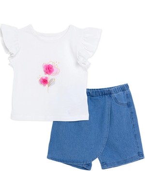 Hellobaby Kız Bebek Bluz-Şort Çiçek Baskılı Düğmeli Bisiklet Yaka Kısa Kol Reçme