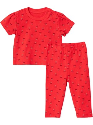 Hellobaby Kız Bebek Tişört-Tayt Kiraz Baskılı Çıtçıtlı Bisiklet Yaka Kısa Kol Patiksiz