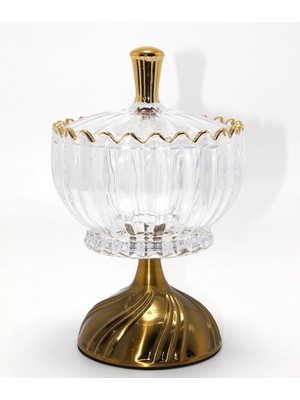 AyrStore Buğz Metal Ayaklı Kristal Cam Şekerlik Gold Detaylı Sunumluk