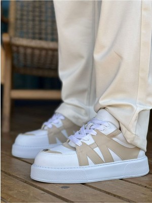 Roof Atelier Erkek Beyaz - Bej Bağcıklı Kalın Taban Spor Ayakkabı - 2407 - Cbt Star-X