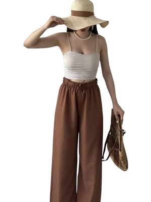 Stylmenplus Yüksek Bel Beli Büzgülü Pantolon -Kahverengi