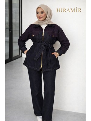 Hiramir Kadın Kot Takım Şık Kemer Detaylı Fermuarlı Ceket Pantolon YZZ2520