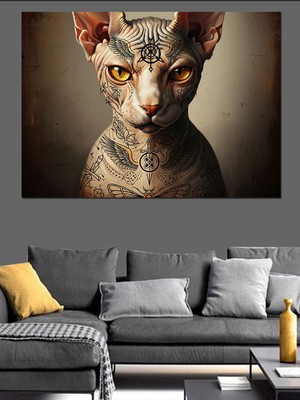 Tablomega Dövme Desenli Sfenks Kedisi Portresi Dekoratif Kanvas - Mdf Ahşap Tablo