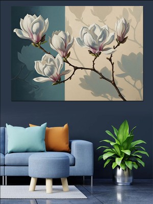 Tablomega Dallarda Açan Büyük Beyaz Manolyalar Dekoratif Kanvas - Mdf Ahşap Tablo