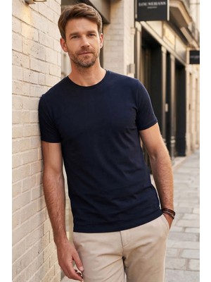 Tudors Unisex Slim Fit Dar Kesim %100 Pamuk Yumuşak Dokulu Lacivert Bisiklet Yaka Tişört