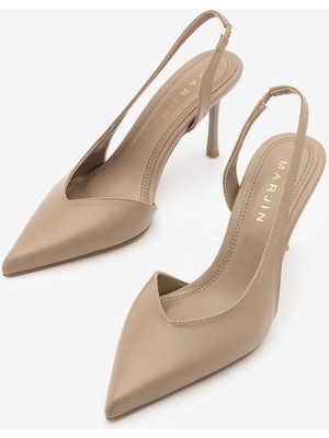 Marjin Kadın Stiletto Sivri Burun Arkası Açık V Yaka Atkılı Ince Topuklu Ayakkabı Esvin Vizon