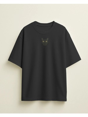 Muhtar Store Erkek Siyah Kedi Baskılı Oversize Tişört – Minimal Black Cat Tasarım