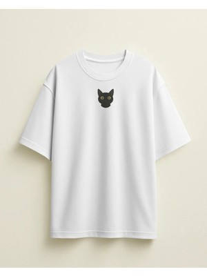 Muhtar Store Erkek Siyah Kedi Baskılı Oversize Tişört – Minimal Black Cat Tasarım