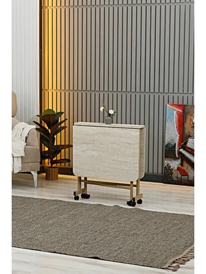 Alchair Almira 70 x 110 Traverten Açılabilir Katlanabilir Tekerlekli Mutfak Çalışma Masası Vizon Metal Ayak