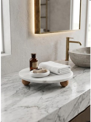 Hüco Bazaar Ahşap Ayaklı Şık Doğal Mermer Sunum Tepsisi