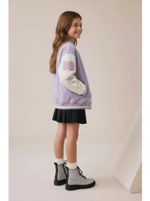 Minipodyum Kız Çocuk Lila Süzene Nakışlı Bomber Kolej Ceket Uzun Kol Önden Kapamalı Konforlu Tasarım