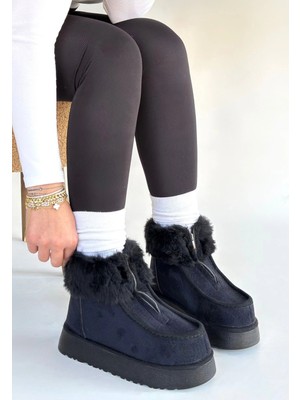 Erbilden Zinya Siyah Süet Bot Önden Fermuarlı 4 cm Topuklu Rahat Yürüyüş İçin Tasarlandı