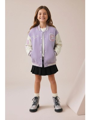 Kız Çocuk Süzene Nakışlı Çıtçıtlı Önden Kapamalı Bomber Kolej Ceket