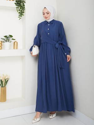 Modal Kumaş Bel Kuşaklı Düğme Detaylı Tesettür Elbise – Rahat Kesim Uzun Günlük Şık Elbise