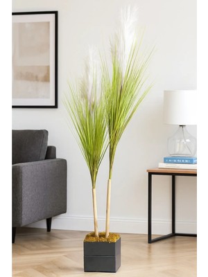 Doğal Görünümlü 140 cm Beyaz Sazlık Bambu Gövdeli Ahşap Saksılı Yapay Dekor