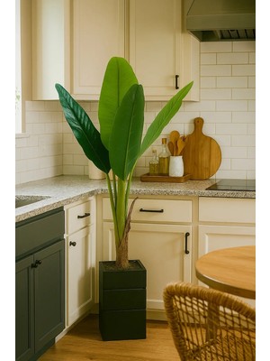 Mutfak Için Yapay Muz Ağacı Gerçek Görünüm 130 cm Doğal Ahşap Saksılı