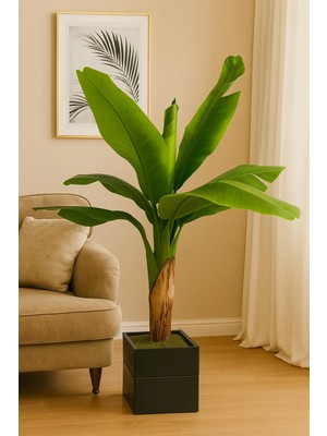 Muz Ağacı Gerçek Yaprak Görünüm Yapay Ağaç 130 cm Doğal Ahşap Saksılı