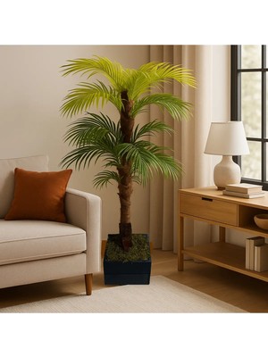 Palmiye Ağacı 130 cm Ahşap Saksılı  Beyaz Taşlı  Ev ve Ofis Için Yoğun Yapraklı Yapay Ağaç