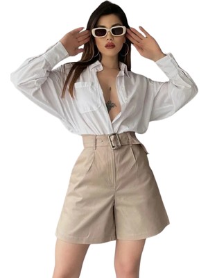Stylmenplus Rahat Kesim Kemerli Mom Şort - Krem