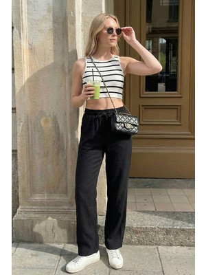 Lela Pamuklu Belden Bağlamalı Yüksek Bel Geniş Paça Cepli Regular Fit Pantolon Bayan Pantolon 668YP4760
