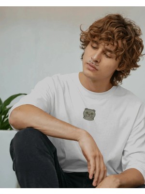 Muhtar Store Erkek Scottish Fold Kedi Baskılı Oversize Tişört – Minimal Kıvrık Kulaklı Kedi Tasarım