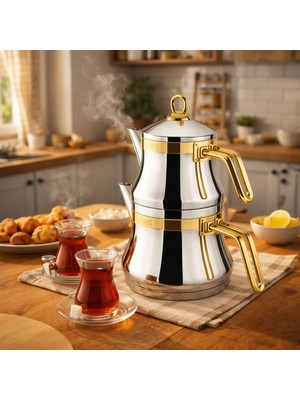 Lines Lines Naz Altın Kemerli Paslanmaz Çelik Çaydanlık 304 Kalite Kendinden Süzgeçli  Aile Boy Altın Kulp Tasarım