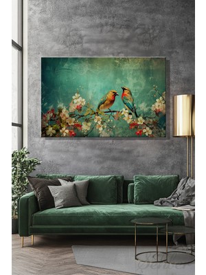 Şehber Yatay Kanvas Duvar Tablosu Tekli Salon Mutfak Yatak Odası Ofis Çiçek ve Kuş Temalı