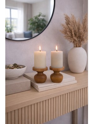 Justwood 2 Li Büyük Nar Model Tabaklı Ahşap Şamdan Seti, Dekoratif Şamdan