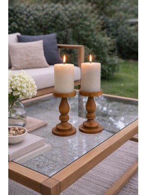 Justwood 2 Li Luna Model Tabaklı Ahşap Şamdan Seti, Dekoratif Şamdan - 16 ve 16  cm
