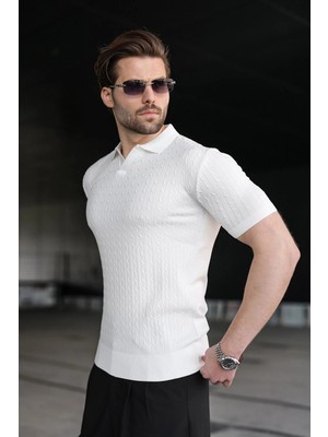 Madmext Beyaz Slim Fit Polo Yaka Triko Erkek Tişört E7472