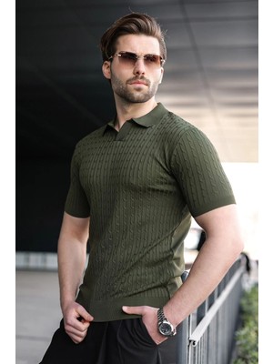 Madmext Haki Slim Fit Polo Yaka Triko Erkek Tişört E7472