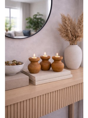 Justwood 3 Lü Büyük Nar Model Tealight Ahşap Şamdan Seti Dekoratif Şamdan
