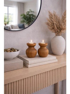 Justwood 2 Li Büyük Nar Model Tealight Ahşap Şamdan Seti Dekoratif Şamdan