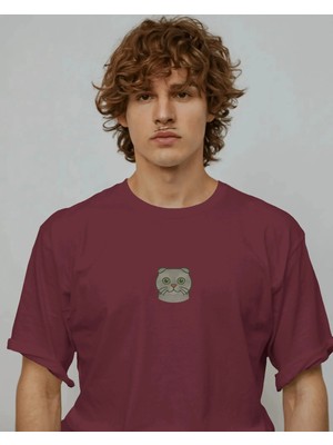 Muhtar Store Erkek Scottish Fold Kedi Baskılı Oversize Tişört – Minimal Kıvrık Kulaklı Kedi Tasarım