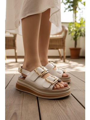 Enoch Kadın Örgü Bantlı Ahşap Görünüm Tabanlı Konforlu Sandalet